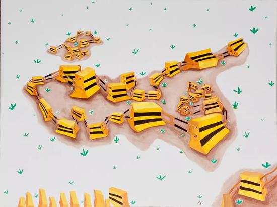 《黃色黑色綠色》布面油畫,150×200cm,2018